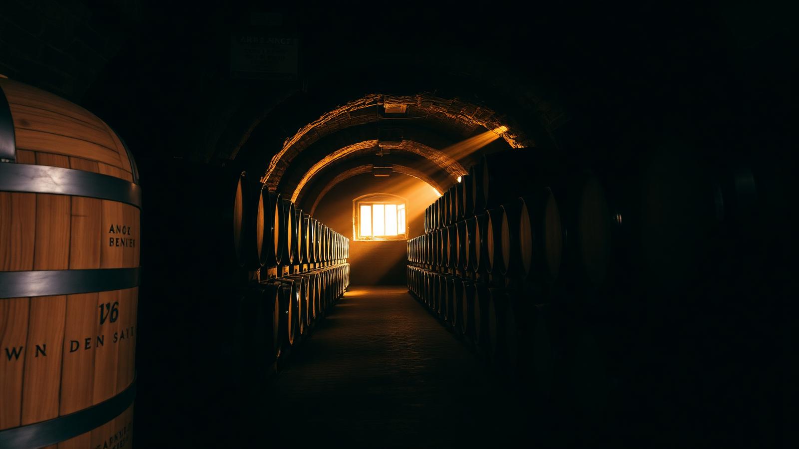 Oak barrels in a candlelit cellar